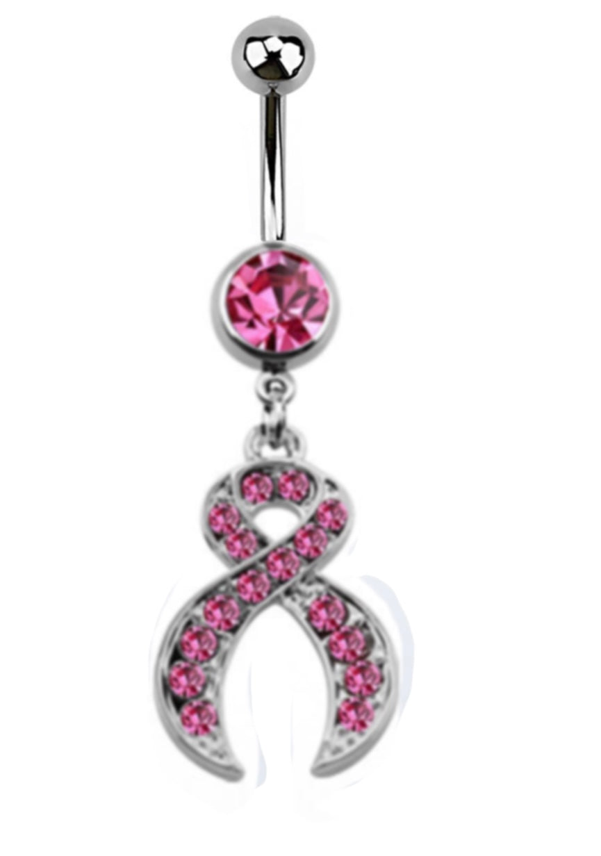 💎 Titanium Navelpiercing met roze Ribbon Hanger – Zilver