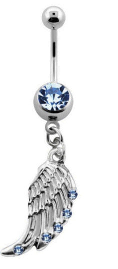 π Titanium Navelpiercing met blauwe Vleugel Hanger β Zilver