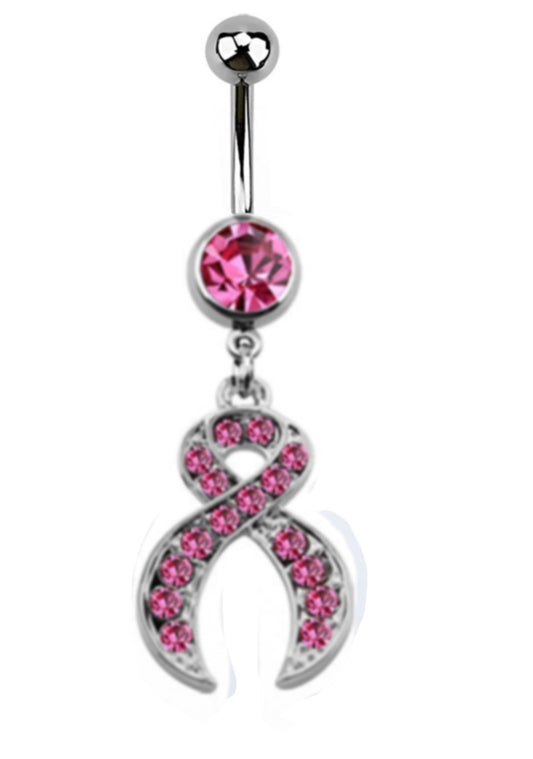 💎 Titanium Navelpiercing met roze Ribbon Hanger – Zilver