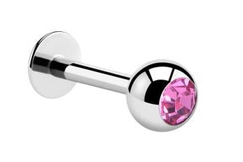 💎Titanium Labret 1,2 mm met donker roze Crystal 3 mm bal – Zilver kleurig