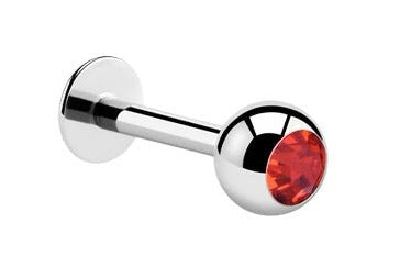 💎Titanium Labret 1,2 mm met rode  Crystal 3 mm bal – Zilver kleurig