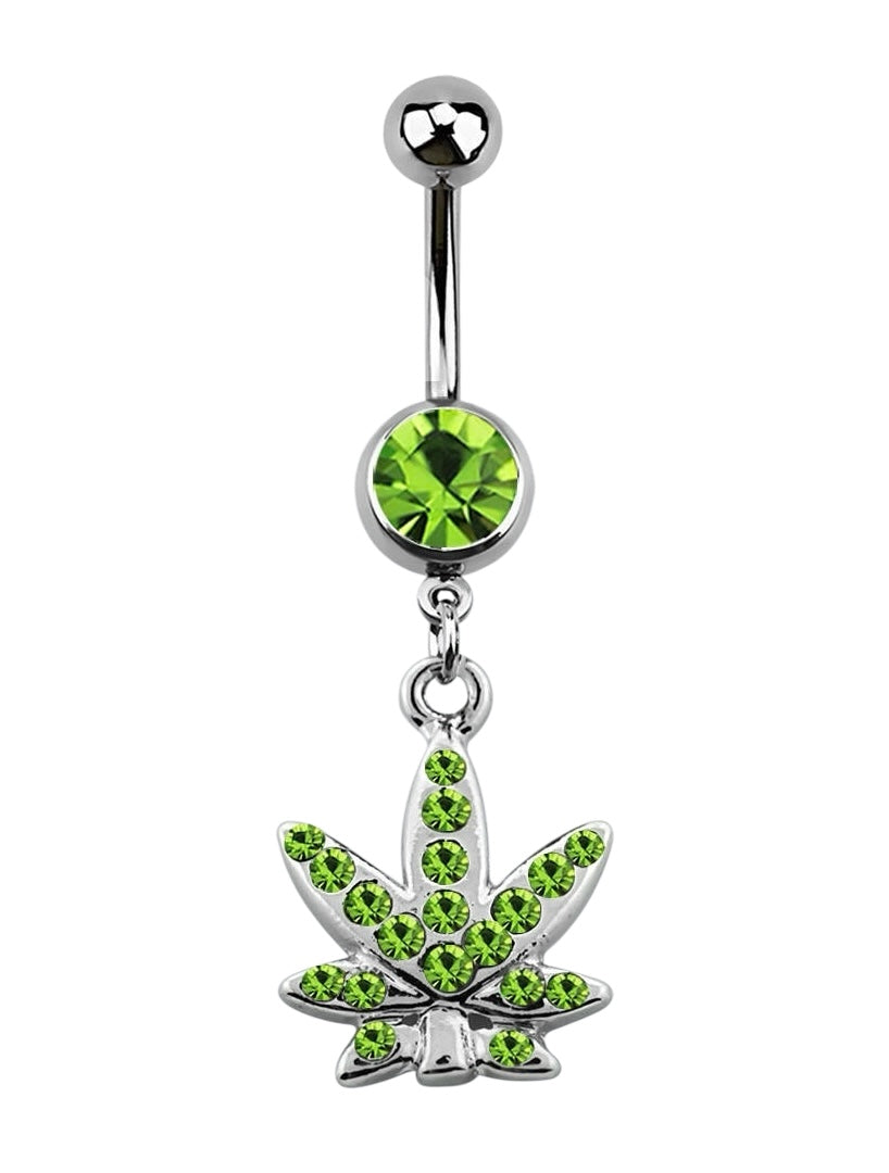 💎 Titanium Navelpiercing met licht groene Wietblad Hanger – Zilver