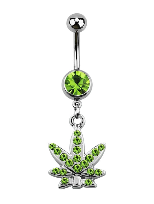 💎 Titanium Navelpiercing met licht groene Wietblad Hanger – Zilver
