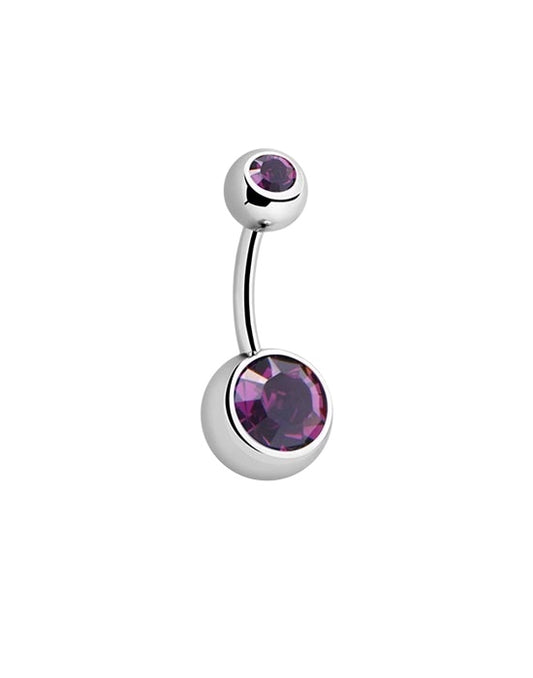 💎 Titanium Navelpiercing met paarse 2 Crystals – Zilver
