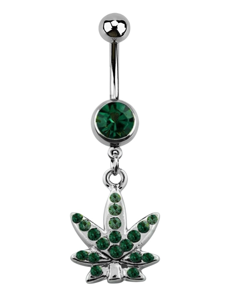 💎 Titanium Navelpiercing met donker groene Wietblad Hanger – Zilver
