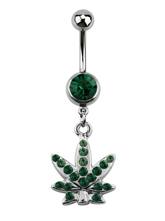 💎 Titanium Navelpiercing met donker groene Wietblad Hanger – Zilver