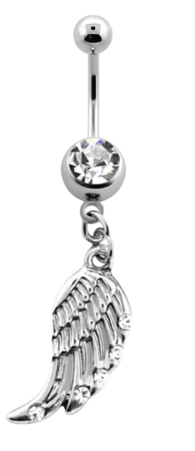 💎 Titanium Navelpiercing met witte Vleugel Hanger – Zilver