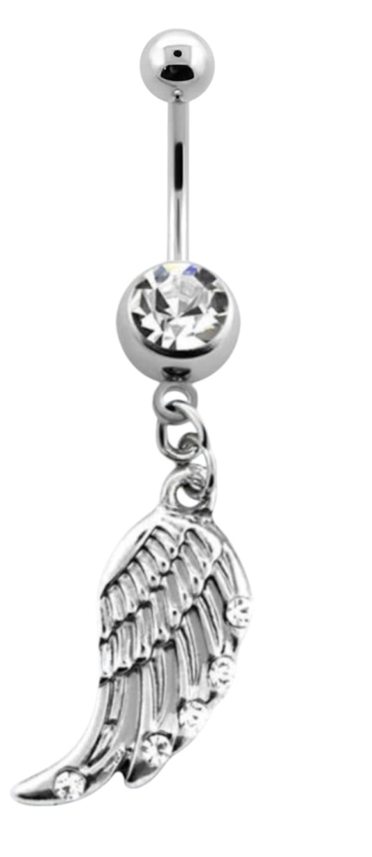 💎 Titanium Navelpiercing met witte Vleugel Hanger – Zilver