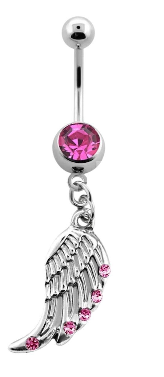 💎 Titanium Navelpiercing met roze Vleugel Hanger – Zilver