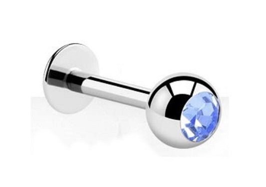 💎Titanium Labret 1,6 mm met blauwe Crystal 4 mm bal – Zilver kleurig