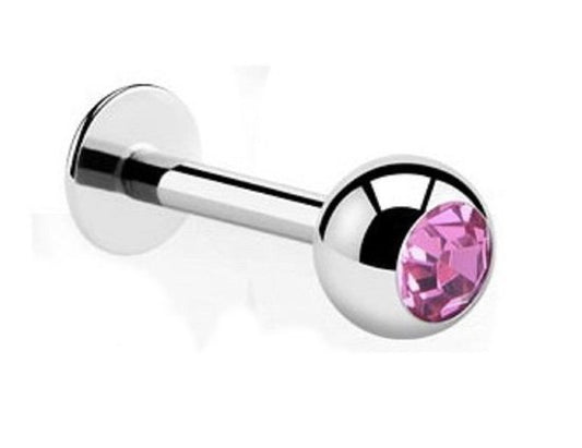 💎Titanium Labret 1,6 mm met roze Crystal 4 mm bal – Zilver kleurig
