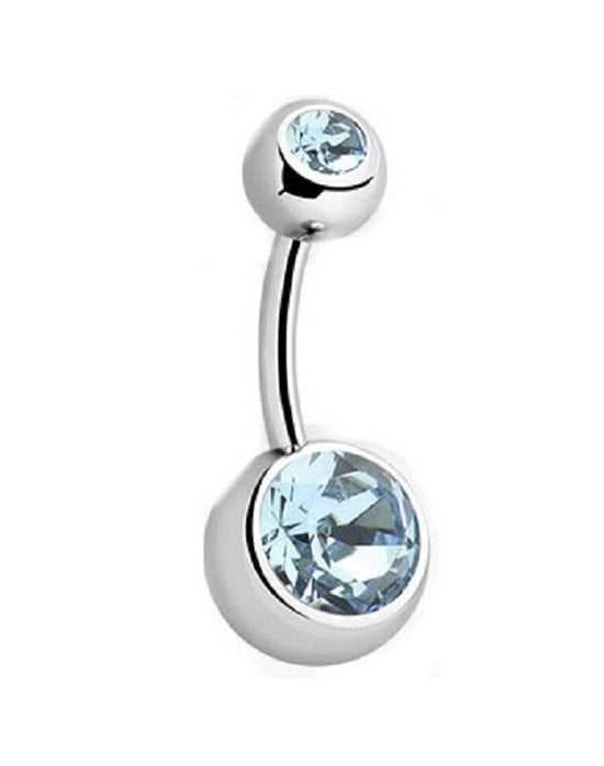 💎 Titanium Navelpiercing met blauwe 2 Crystals – Zilver