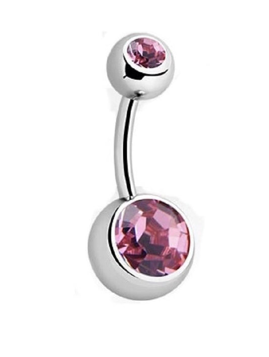 💎 Titanium Navelpiercing met 2 licht roze Crystals – Zilver