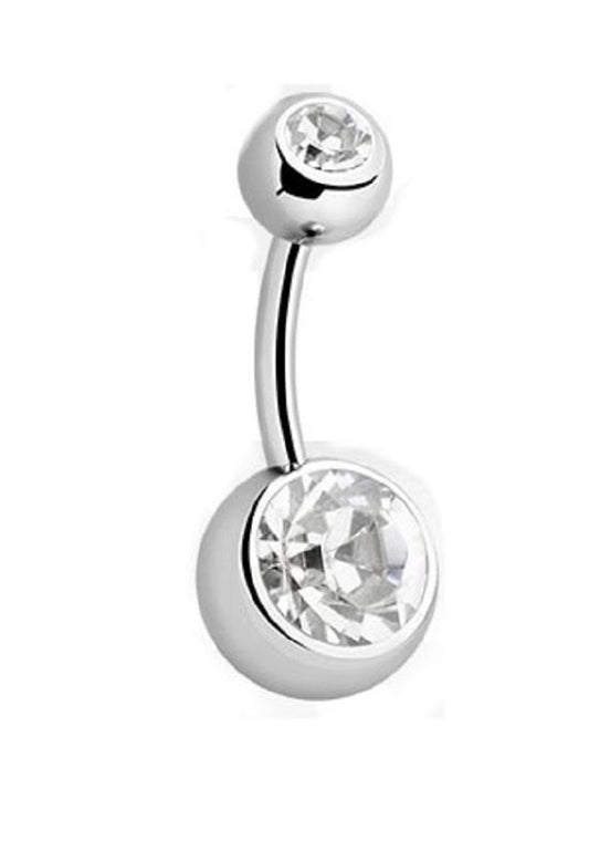 💎 Titanium Navelpiercing met 2 witte Crystals – Zilver